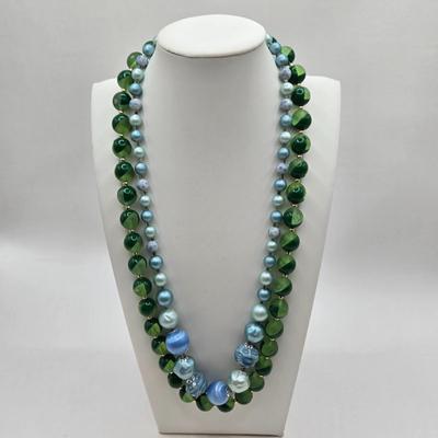 LOT 28: Shades of Blue and Turquoise Bead Neckace and Two Shade Green Bead Necklace