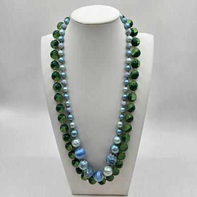 LOT 28: Shades of Blue and Turquoise Bead Neckace and Two Shade Green Bead Necklace