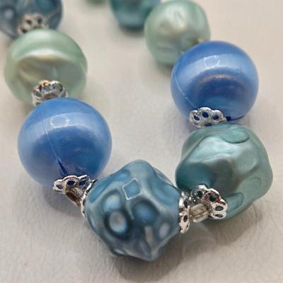 LOT 28: Shades of Blue and Turquoise Bead Neckace and Two Shade Green Bead Necklace