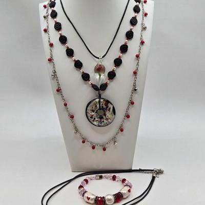 LOT 30: Beaded Necklace w/ Glass Pendant, Leather Necklace w/ Glass Charm, Silver-tone Chain Necklace w/ Red Beads, and More