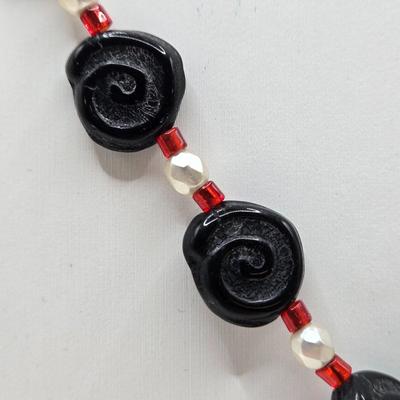 LOT 30: Beaded Necklace w/ Glass Pendant, Leather Necklace w/ Glass Charm, Silver-tone Chain Necklace w/ Red Beads, and More