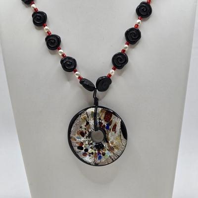 LOT 30: Beaded Necklace w/ Glass Pendant, Leather Necklace w/ Glass Charm, Silver-tone Chain Necklace w/ Red Beads, and More