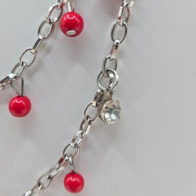LOT 30: Beaded Necklace w/ Glass Pendant, Leather Necklace w/ Glass Charm, Silver-tone Chain Necklace w/ Red Beads, and More