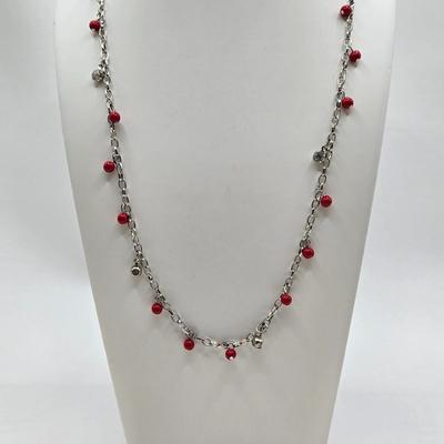 LOT 30: Beaded Necklace w/ Glass Pendant, Leather Necklace w/ Glass Charm, Silver-tone Chain Necklace w/ Red Beads, and More