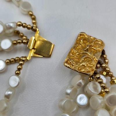 LOT 33: Three Faux Pearl Neclaces, Multiple Strand Pearl-like Necklace w/ Gold-tone Clasp, and Gold-tone and Pearl-like Clip Earrings