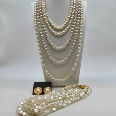 LOT 33: Three Faux Pearl Neclaces, Multiple Strand Pearl-like Necklace w/ Gold-tone Clasp, and Gold-tone and Pearl-like Clip Earrings