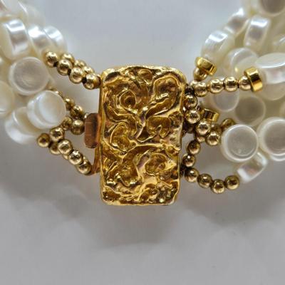 LOT 33: Three Faux Pearl Neclaces, Multiple Strand Pearl-like Necklace w/ Gold-tone Clasp, and Gold-tone and Pearl-like Clip Earrings