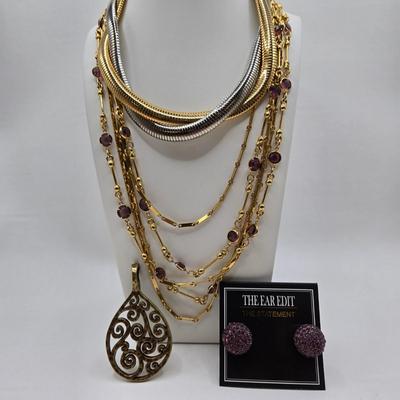LOT 35: Gold-tone and Purple Bead Necklace, Two Tone Twisted Snake Chain, Metal Pendant, and Purple Gemstone Earrings