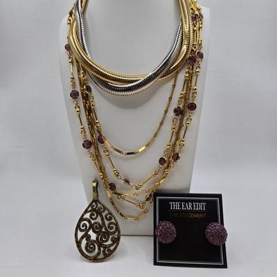 LOT 35: Gold-tone and Purple Bead Necklace, Two Tone Twisted Snake Chain, Metal Pendant, and Purple Gemstone Earrings