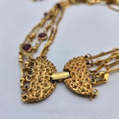 LOT 35: Gold-tone and Purple Bead Necklace, Two Tone Twisted Snake Chain, Metal Pendant, and Purple Gemstone Earrings