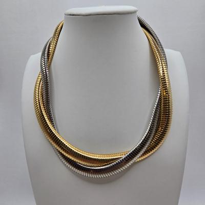 LOT 35: Gold-tone and Purple Bead Necklace, Two Tone Twisted Snake Chain, Metal Pendant, and Purple Gemstone Earrings