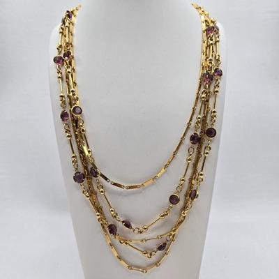 LOT 35: Gold-tone and Purple Bead Necklace, Two Tone Twisted Snake Chain, Metal Pendant, and Purple Gemstone Earrings