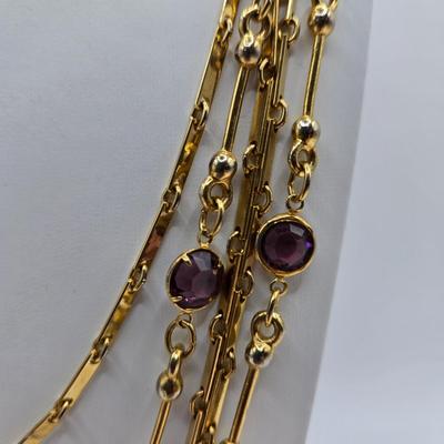 LOT 35: Gold-tone and Purple Bead Necklace, Two Tone Twisted Snake Chain, Metal Pendant, and Purple Gemstone Earrings