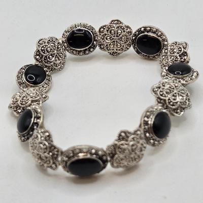 LOT 38: Black Bead Necklace, Silver-tone and Gemstone Bracelet, and Pair if Pierced Earrings