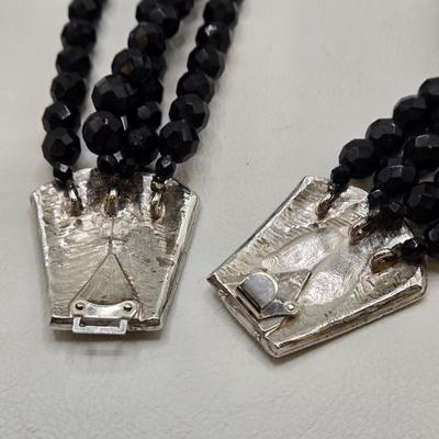 LOT 38: Black Bead Necklace, Silver-tone and Gemstone Bracelet, and Pair if Pierced Earrings
