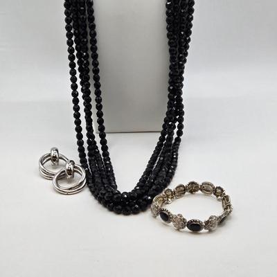 LOT 38: Black Bead Necklace, Silver-tone and Gemstone Bracelet, and Pair if Pierced Earrings