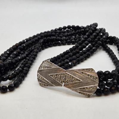 LOT 38: Black Bead Necklace, Silver-tone and Gemstone Bracelet, and Pair if Pierced Earrings