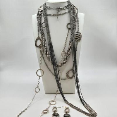 LOT 41: Multiple Black and Silver-tone Neclaces and Pair of Matching Earrings