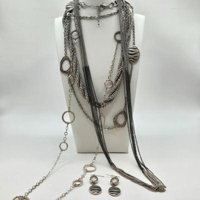 LOT 41: Multiple Black and Silver-tone Neclaces and Pair of Matching Earrings