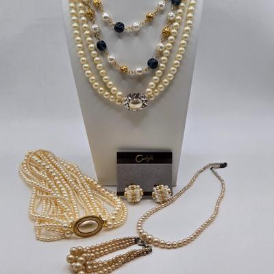 LOT 42: Beautiful Faux Pearl Neclaces , Bracelets, and Clip Earrings