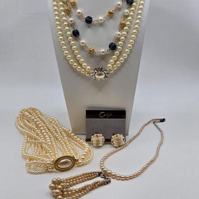 LOT 42: Beautiful Faux Pearl Neclaces , Bracelets, and Clip Earrings