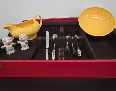 LOT 49: Fiesta Ware Bowl and Gravy Boat, Vintage Bonzo Salt & Pepper Shakers & More