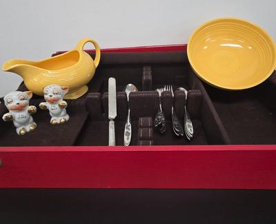 LOT 49: Fiesta Ware Bowl and Gravy Boat, Vintage Bonzo Salt & Pepper Shakers & More