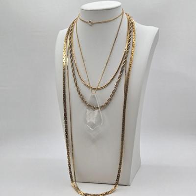 LOT 58: Five Gold-tone Chains/ One w/ Lucite Butterfly Pendant