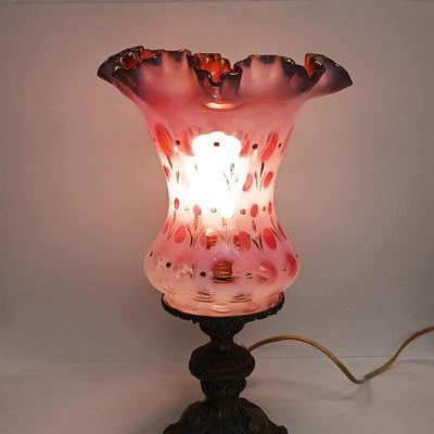 LOT 61: Fenton Cranberry Opalescent Coin Dot Table Lamp