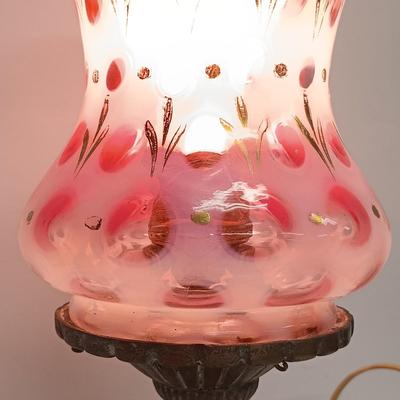 LOT 61: Fenton Cranberry Opalescent Coin Dot Table Lamp