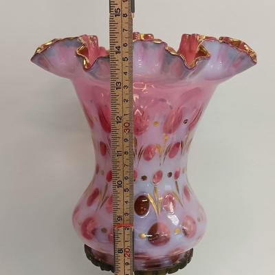 LOT 61: Fenton Cranberry Opalescent Coin Dot Table Lamp