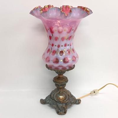 LOT 61: Fenton Cranberry Opalescent Coin Dot Table Lamp