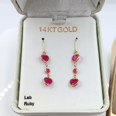 LOT 67: Set of (2) 14 KT Gold Earrings - Lab Ruby Hearts and Dangling Pearls