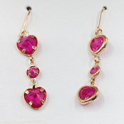 LOT 67: Set of (2) 14 KT Gold Earrings - Lab Ruby Hearts and Dangling Pearls