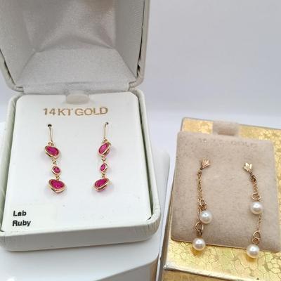 LOT 67: Set of (2) 14 KT Gold Earrings - Lab Ruby Hearts and Dangling Pearls