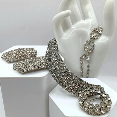 LOT 68: Vintage Rhinestone Brooches, Shoe Clips and Bracelet (Broken Clasp)