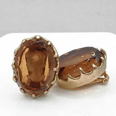 LOT 69: Vintage Smokey Topaz Cameo Glass Clip-Ons, Aurora Borealis Rhinestone Clip-Ons & More