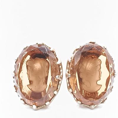 LOT 69: Vintage Smokey Topaz Cameo Glass Clip-Ons, Aurora Borealis Rhinestone Clip-Ons & More