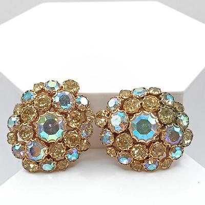 LOT 69: Vintage Smokey Topaz Cameo Glass Clip-Ons, Aurora Borealis Rhinestone Clip-Ons & More