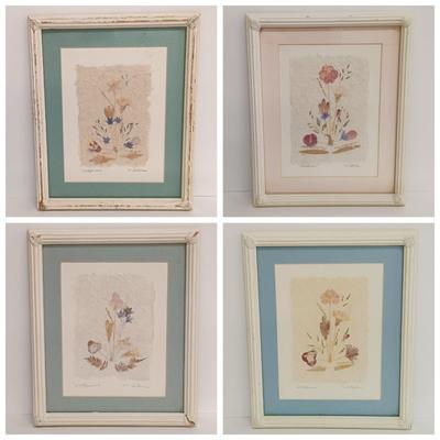LOT 71: Set of (4) Signed Pressed Flower Art on Handmade Paper