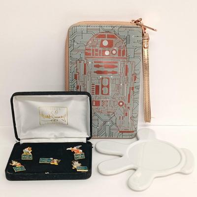 LOT 72: Star Wars Galaxy's Edge Droid Depot BB-8/R2-D2 Wallet, WDCC Disney Classic Collection Pins & Mickey Mouse Glove Coaster