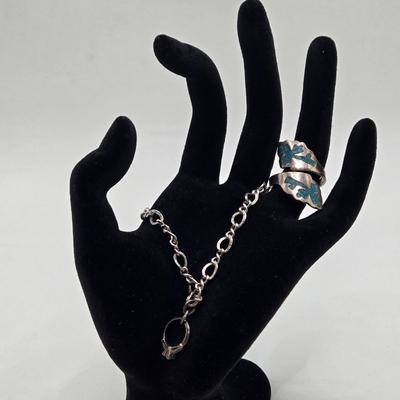 LOT 75: Sterling Engagement Charm Bracelet and Turquoise Inlay Adjustable Ring