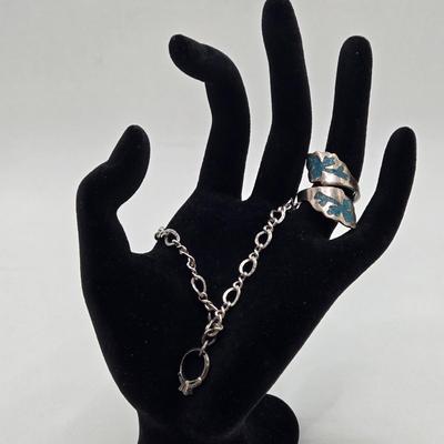 LOT 75: Sterling Engagement Charm Bracelet and Turquoise Inlay Adjustable Ring