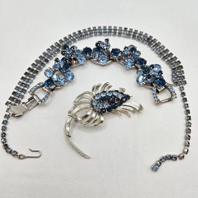 LOT 77: Blue Rhinestone Necklace, Bracelets, and Brooch