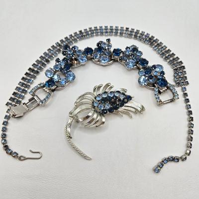 LOT 77: Blue Rhinestone Necklace, Bracelets, and Brooch