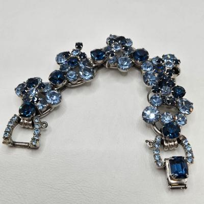 LOT 77: Blue Rhinestone Necklace, Bracelets, and Brooch