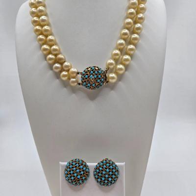 LOT 78: Ciner Glass Pearl Necklace with Faux Turquoise Clasp and Matching Clip Earrings