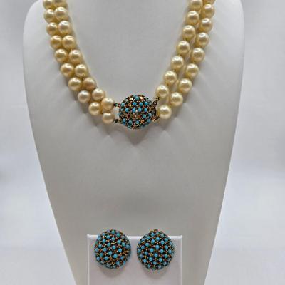 LOT 78: Ciner Glass Pearl Necklace with Faux Turquoise Clasp and Matching Clip Earrings