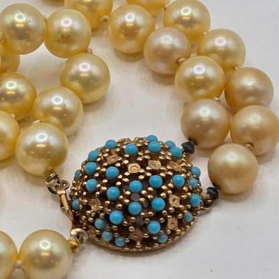 LOT 78: Ciner Glass Pearl Necklace with Faux Turquoise Clasp and Matching Clip Earrings