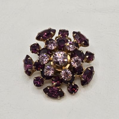LOT 79: Capri Purple Art Glass Pendant Necklace, Two Tone Purple Rhinestone Bracelet w/ Safety Clasp, and One Matching Clip Earring